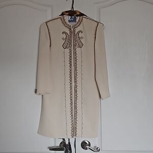 Indian Kurta Boy's Embroidery Pajama Set Cream/ Gold Size 8